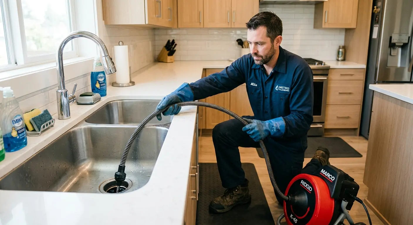 Drain cleaning technician using a motorized snake on a kitchen sink in Verdigris