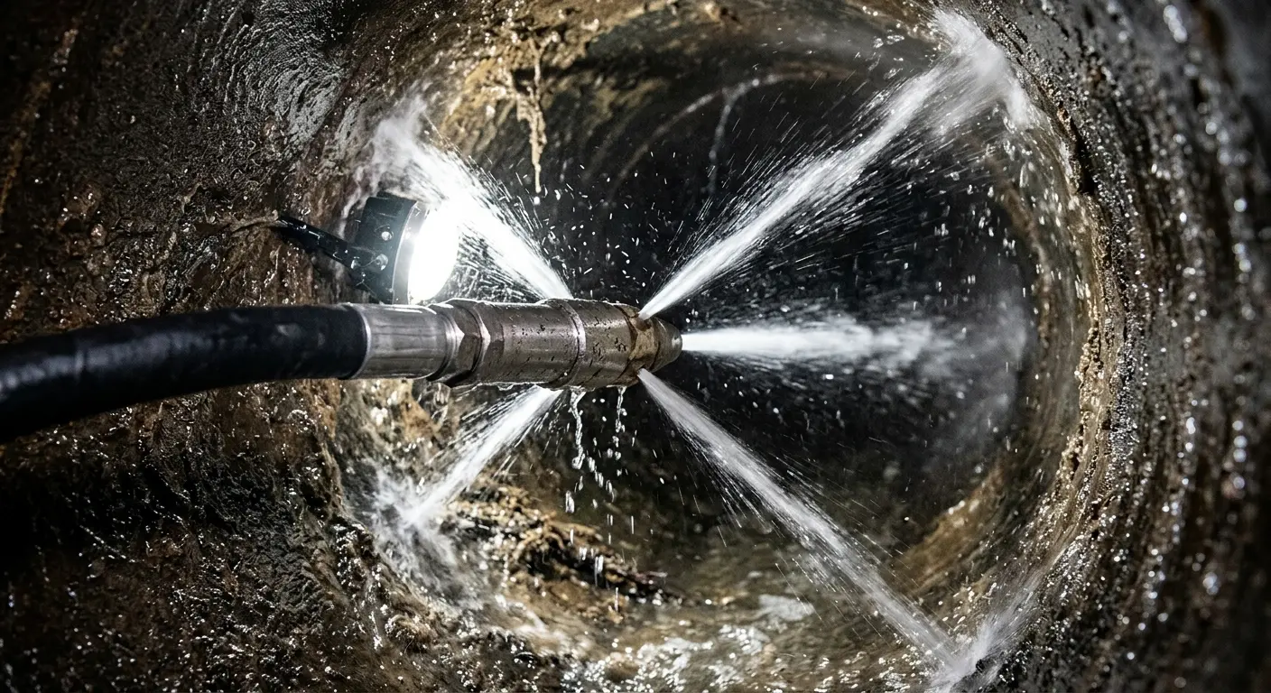 High-pressure hydro jetting nozzle cleaning sewer pipe for Emergency Drain Service in Verdigris