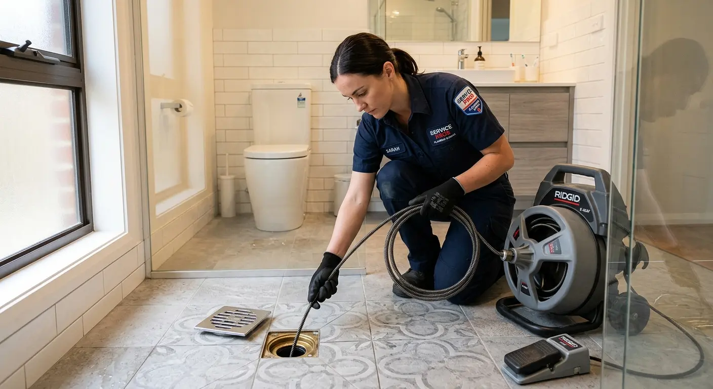 Technician clearing a bathroom floor drain for Sewer Line Installation in Verdigris